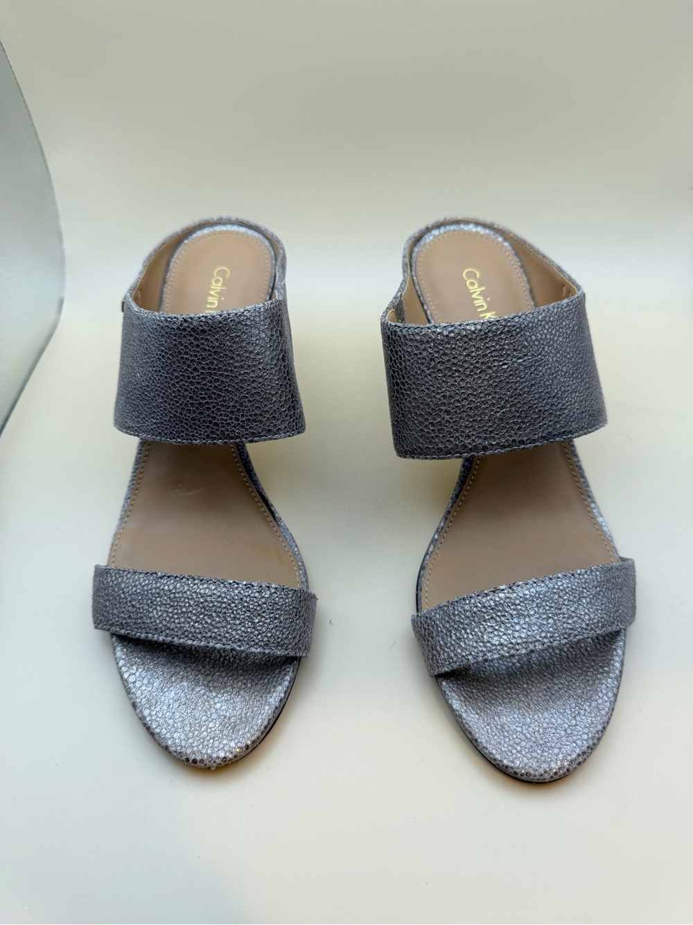 Calvin Klein Metallic Silver Double-Band Slide Sandals